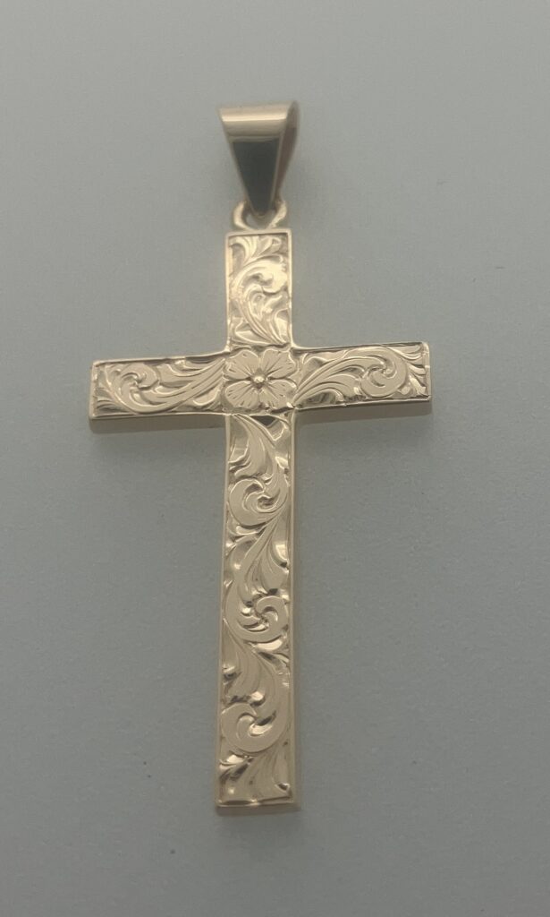 Hand engraved 14kt gold cross